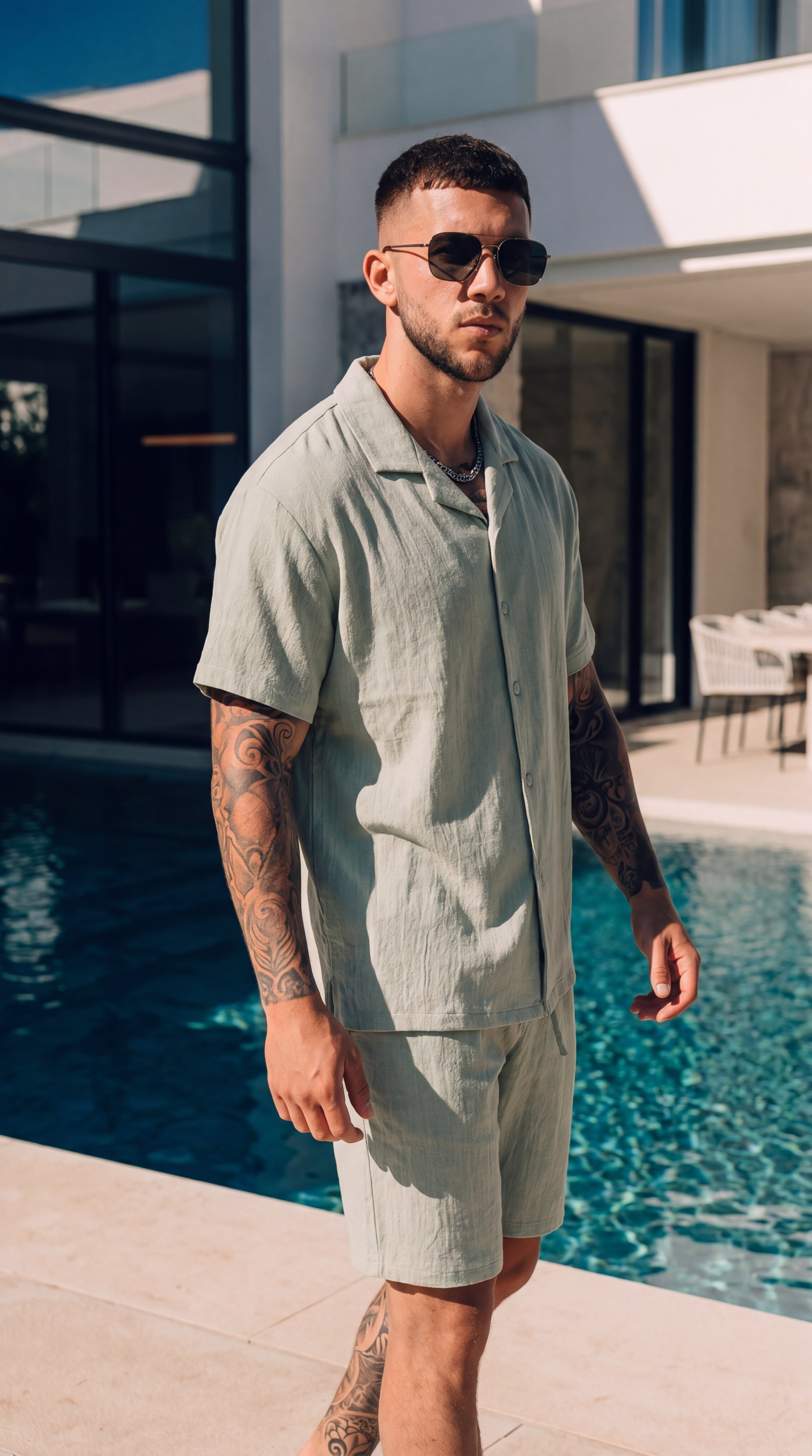 Set de Verano para Hombre – Camisa y Shorts de Color Sólido, Estética Vintage y Sofisticada