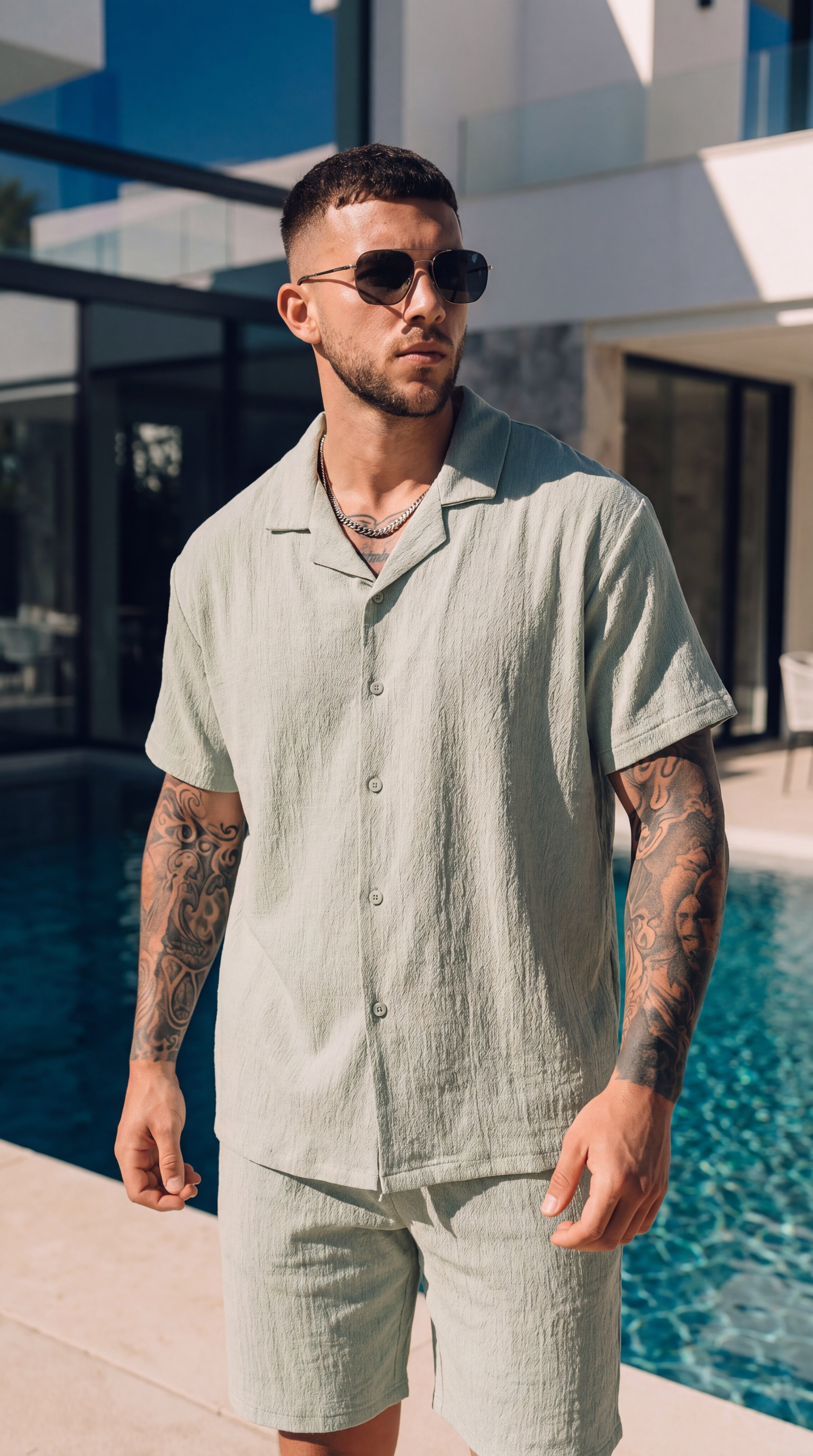 Set de Verano para Hombre – Camisa y Shorts de Color Sólido, Estética Vintage y Sofisticada