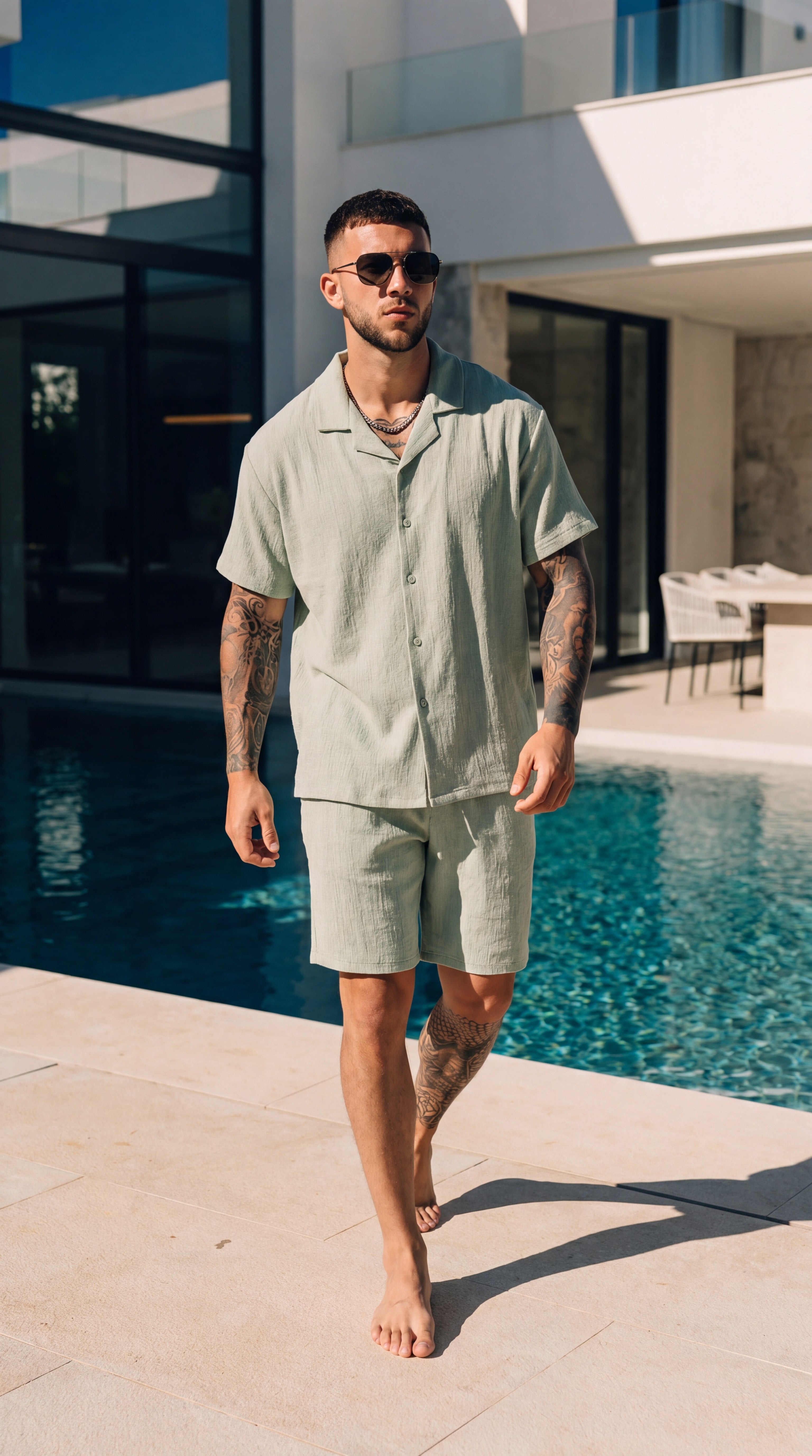 Set de Verano para Hombre – Camisa y Shorts de Color Sólido, Estética Vintage y Sofisticada